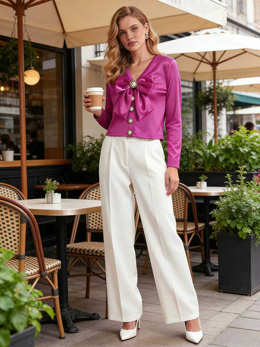 Langärmlige, einfarbige Blusen und Hemden mit V-Ausschnitt, verziert mit Schleifen und Knöpfen 