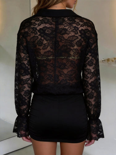 1789415 Solid Color Hollow Butterfly Long Sleeves High Waisted Lapel Cover-Up Blouses&shirts Tops
