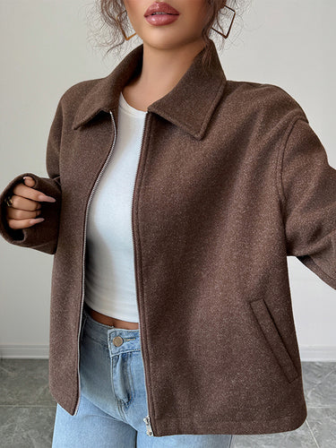 1721772 Long Sleeves Loose Solid Color Zipper Lapel Outerwear