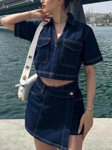 1778303 Lapel Short Sleeves Cropped Blouses&Shirts Tops + Buttoned Pockets Asymmetric Denim Shorts Two Pieces Set
