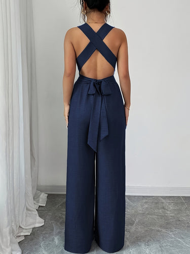 1766678 High Waisted Sleeveless Backless Solid Color Tied Spaghetti-Neck Jumpsuits