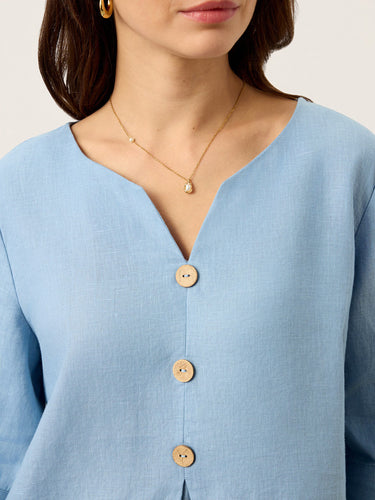 1761418 Loose Three-Quarter Sleeves Buttoned Solid Color V-Neck Blouses&Shirts Tops