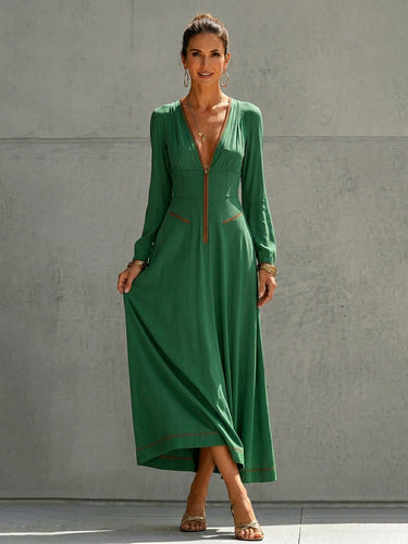 1784552 A-Line High Waisted Pockets Solid Color Zipper Deep V-Neck Maxi Dresses
