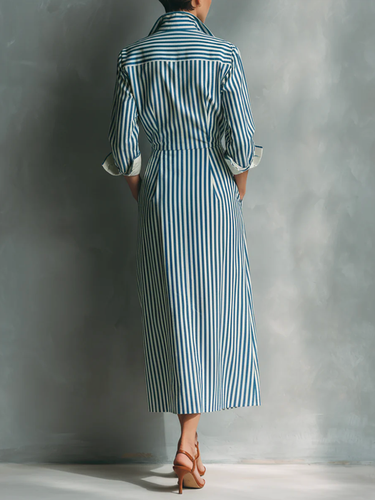 1781571 High Waisted Long Sleeves Buttoned Contrast Color Pockets Split-Joint Striped Lapel Midi Dresses