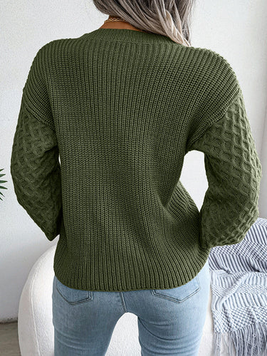 1713737 Long Sleeves Loose Cable Knit Solid Color Round-Neck Sweater Tops