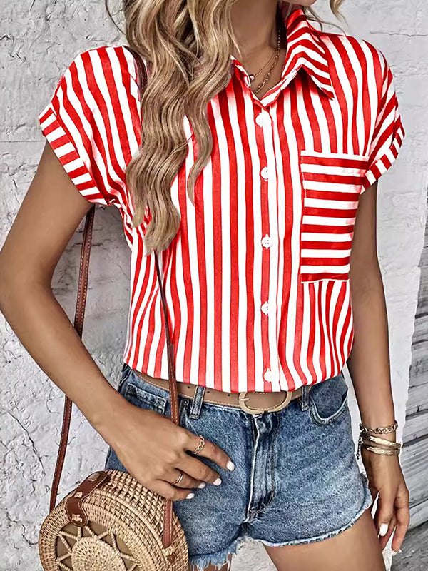 Loose Short Sleeves Asymmetric Contrast Color Split-Joint Lapel Midi Dresses Shirt Dress