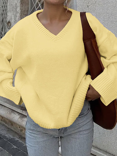 1717835 Long Sleeves Loose Ribs Solid Color V-Neck Sweater Tops