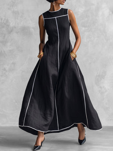 A-Line Loose Contrast Color Pockets Striped Round-Neck Maxi Dresses-BLACK / S