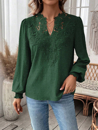 1780433 Balloon Sleeves Long Sleeves Embroidered Hollow Solid Color V-Neck Blouses&Shirts Tops