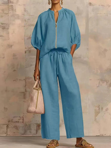 1783214 Half Sleeves Loose Drawstring Elasticity Pockets Solid Color Zipper Round-Neck Blouses&Shirts Tops Pants Trousers Two Pieces Set