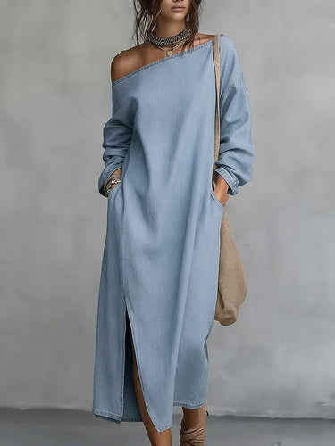 1758523 H-line Long Sleeves Pockets Solid Color Split-front One-shoulder Maxi Dresses