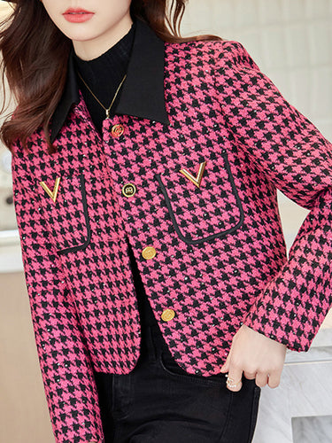 الأكمام الطويلة بالإضافة إلى حجم جيوب houndstooth مقسمة مقسمة صدرية صدرية