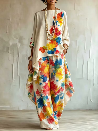 1781406 High Waisted Wide Leg Colorful Contrast Color Pockets Printed Pants Trousers
