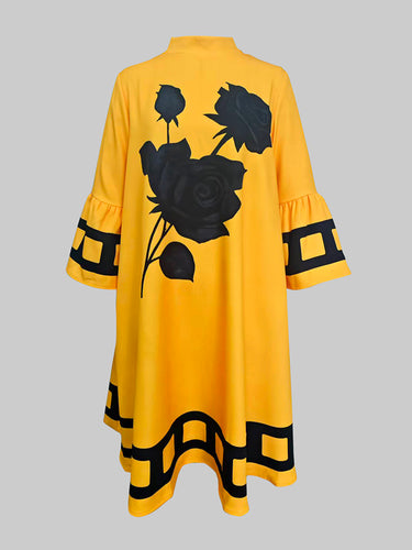 A-Line Flared Sleeves Flower Print Split-Joint Mock Neck Midi Dresses