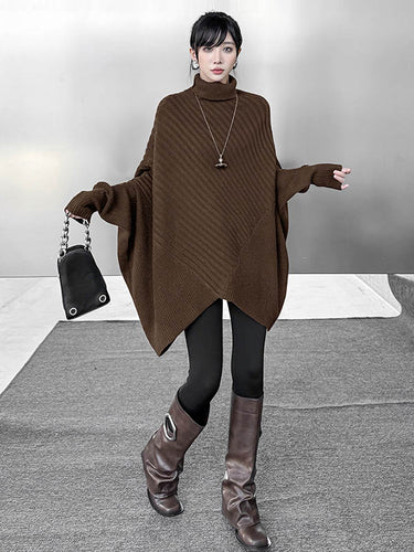 1726289 Batwing Sleeves Irregularity Asymmetric Ribbed Knit Solid Color Split-Joint High Neck Sweater Tops