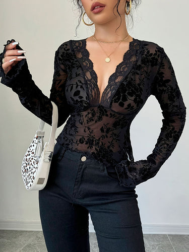 1716011 Flared Sleeves Long Sleeves Solid Color Deep V-Neck T-Shirts