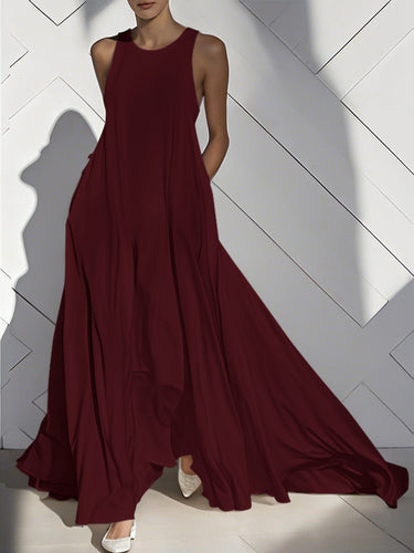 1668539 Loose Sleeveless Pockets Solid Color Split-Joint Round-Neck Maxi Dresses