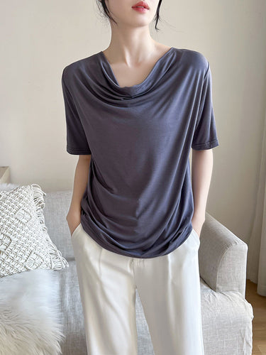 Maniche corte pieghettate top-shirt topi per collan con cumuli di colore massiccio