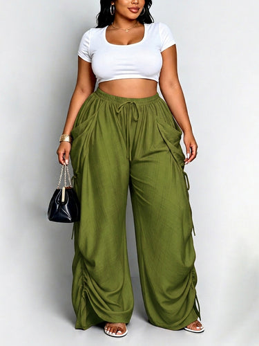1785470 High Waisted Loose Drawstring Elasticity Pockets Split-Joint Pants Trousers
