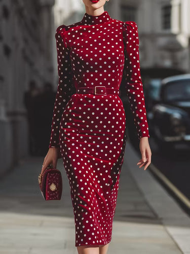 Bodycon High Waisted Belted Contrast Color Polka Dot Split-back Split-Joint Zipper Mock Neck Midi Dresses