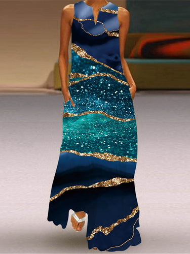 1739000 A-Line Loose Contrast Color Pockets Printed Split-Joint V-Neck Maxi Dresses