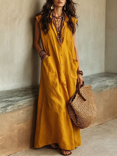 1785427 Loose Sleeveless Buttoned Pockets Solid Color Lapel Maxi Dresses