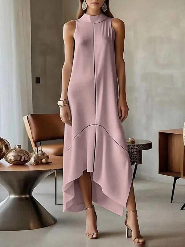 uoozee dresses Loose Puff Sleeves Buttoned Split-side Mock Neck Maxi CREAMY WHITE / M Evening Dresses for Women |