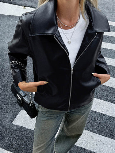 1723938 Long Sleeves Pockets Solid Color Zipper Lapel Jackets Overcoat