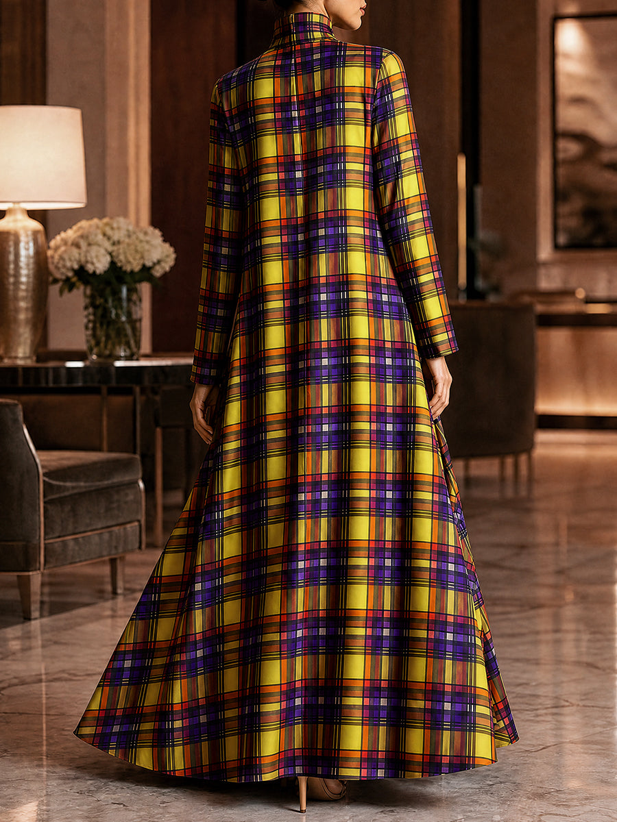 Line Contrast Zipper Pockets Plaid Contrast Color Big Hemline Long Sleeves A-line Hi ...