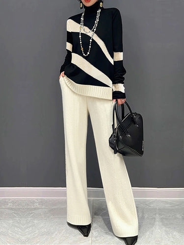 Long Sleeves Loose Contrast Color High Neck Sweater Tops