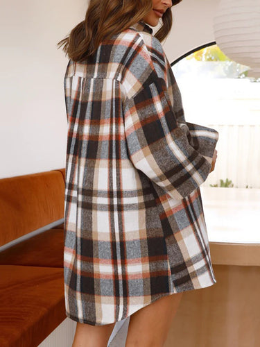 1775909 Long Sleeves Loose Buttoned Plaid Pleated Lapel Blouses&Shirts Tops