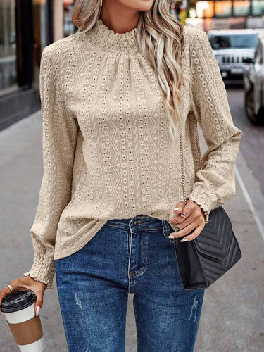 Mangas largas elasticidad suelta Jacquard plisado color sólido simulacro cuello de mock tops