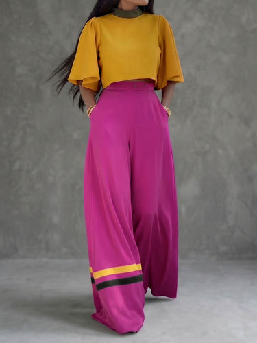 High Waisted Wide Leg Buttoned Contrast Color Pockets Pants Trousers