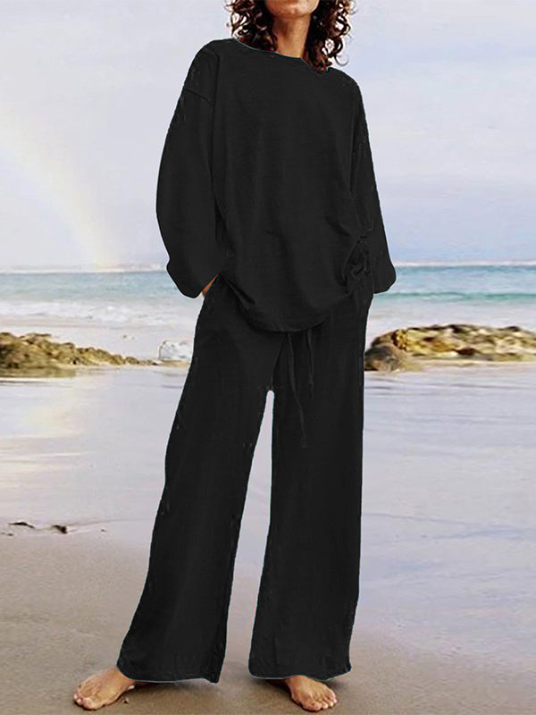 Casual Loose Round Neck Solid Color Long-sleeved Shirt Trousers Two-piece Suit main image 0