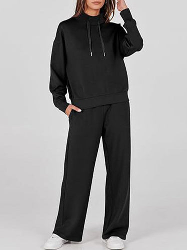 ハイウエストの長袖ドローストリングスプリットジョイントスウェットシャツ +パンツ/ズボン2個セット