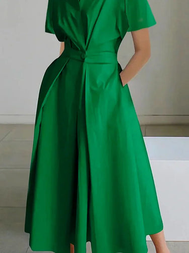 1138865 Vestidos midi soltos de cintura alta plissados ​​de cor sólida com decote em V