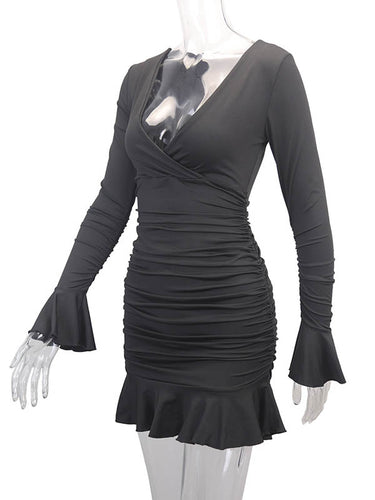 1726356 Bodycon Elasticated Waist Pleated Ruffled Solid Color Split-Joint V-Neck Midi Dresses