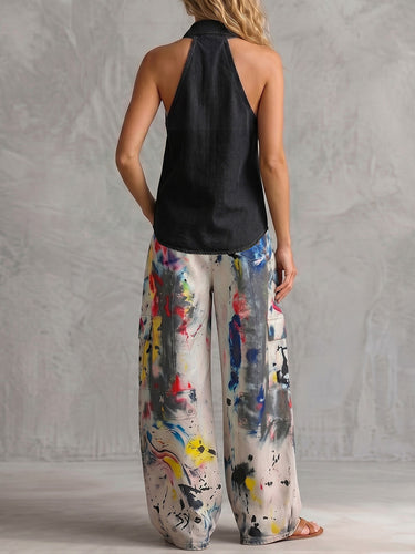 High Waisted Wide Leg Buttoned Contrast Color Graffiti Printed Pockets Jean Pants Bottoms