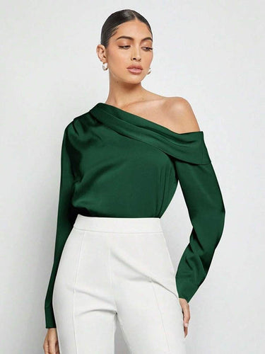 1728955 Long Sleeves Skinny Pleated Solid Color Split-Joint One-Shoulder Blouses&Shirts Tops