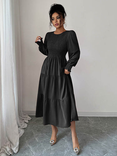 1731551 Elasticated Waist High Waisted Pleated Solid Color Split-Joint Round-Neck Midi Dresses