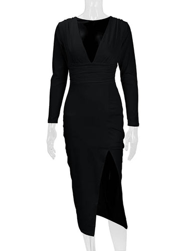 1726399 Bodycon Elasticated Waist Pleated Solid Color Split-Joint Split-Side Deep V-Neck Midi Dresses