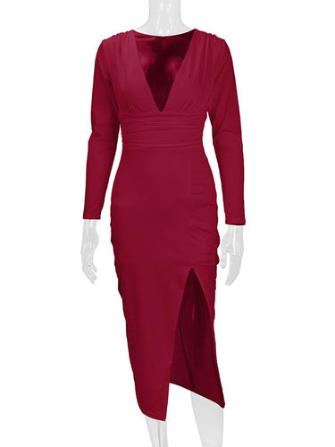 1726403 Bodycon Elasticated Waist Pleated Solid Color Split-Joint Split-Side Deep V-Neck Midi Dresses