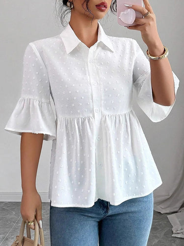 1770468 Blouse met A-lijn model, uitlopende mouwen, knoopsluiting, jacquardstof, plooien en revers in effen kleur.&Shirts Tops