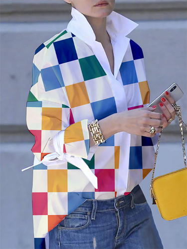 Maniche lunghe a base di contrasto abbottonato a contrasto a contrasto plaid con camicette di camicette da supporto legato