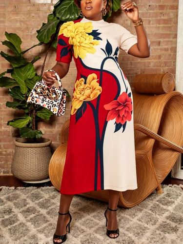 mock neck midi dress Colorful Floral Mock Neck Zipper Midi Dress – Uoozee official