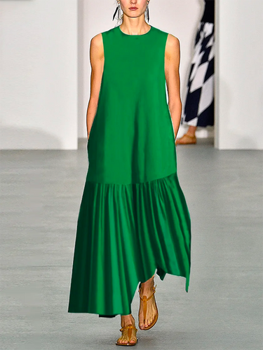 Vestidos maxi de cuello redondo de cuello redondo de color sólido suelto de A-Line