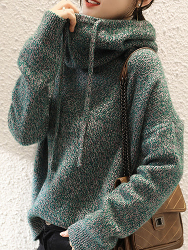 Casual solto 3 cores com capuz de mangas compridas Top de suéter