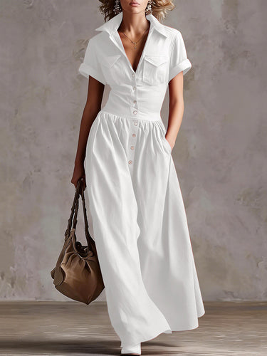 1785442 High Waisted Loose Buttoned Pleated Pockets Solid Color Split-Joint Lapel Maxi Dresses