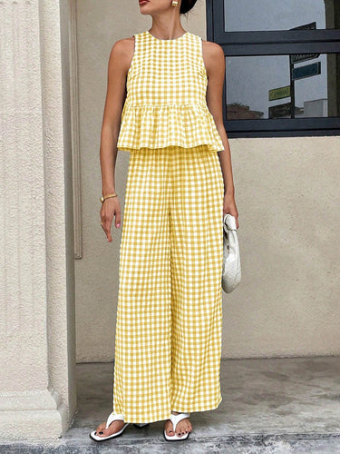 1768654 A-Line Loose Plaid Pleated Split-Joint Round-Neck Vest Top + Pants Bottom Suits