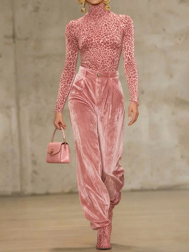 High Waisted Pleated Pockets Solid Color Velvet Pants Trousers